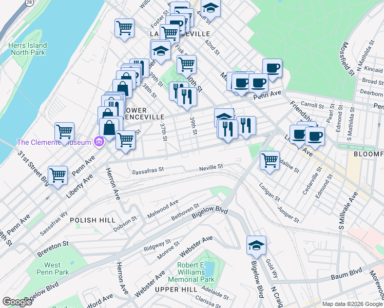 map of restaurants, bars, coffee shops, grocery stores, and more near 3809 Liberty Avenue in Pittsburgh