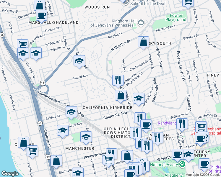 map of restaurants, bars, coffee shops, grocery stores, and more near 2153 Brighton Road in Pittsburgh