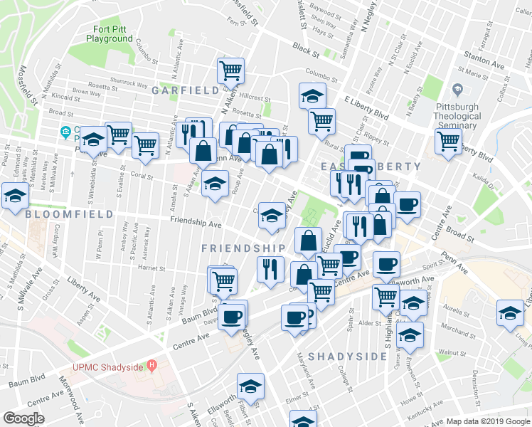 map of restaurants, bars, coffee shops, grocery stores, and more near 5523 Coral Street in Pittsburgh