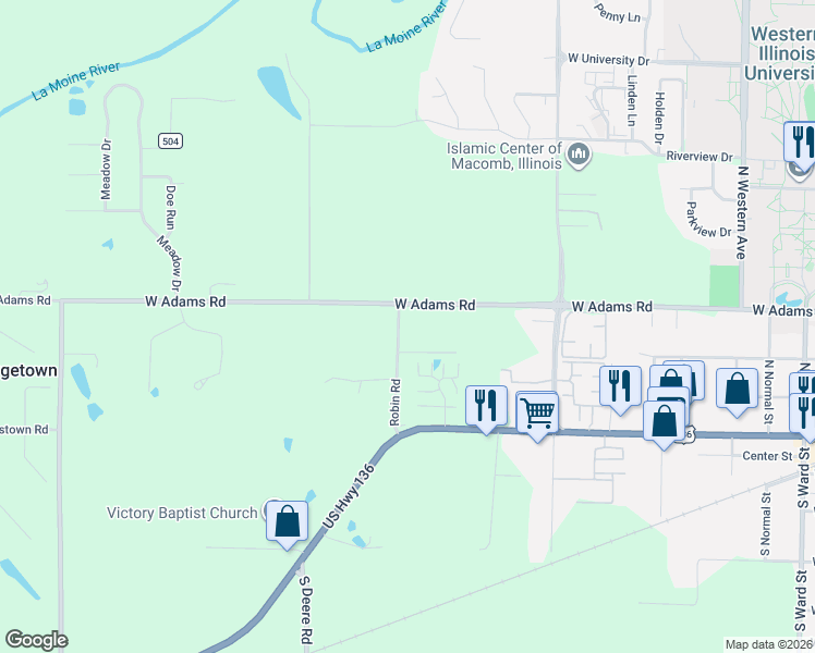 map of restaurants, bars, coffee shops, grocery stores, and more near W Adams St in Macomb
