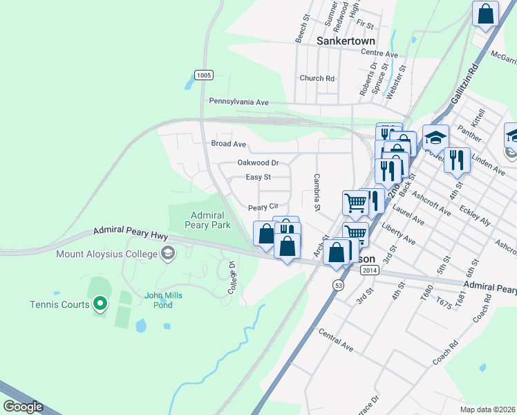 map of restaurants, bars, coffee shops, grocery stores, and more near 299 Peary Cir in Cresson