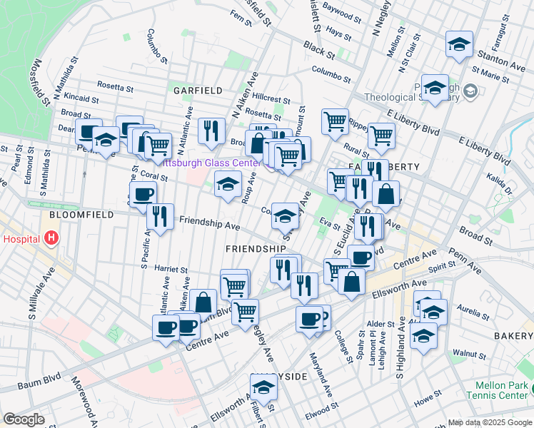 map of restaurants, bars, coffee shops, grocery stores, and more near 160 South Fairmount Street in Pittsburgh