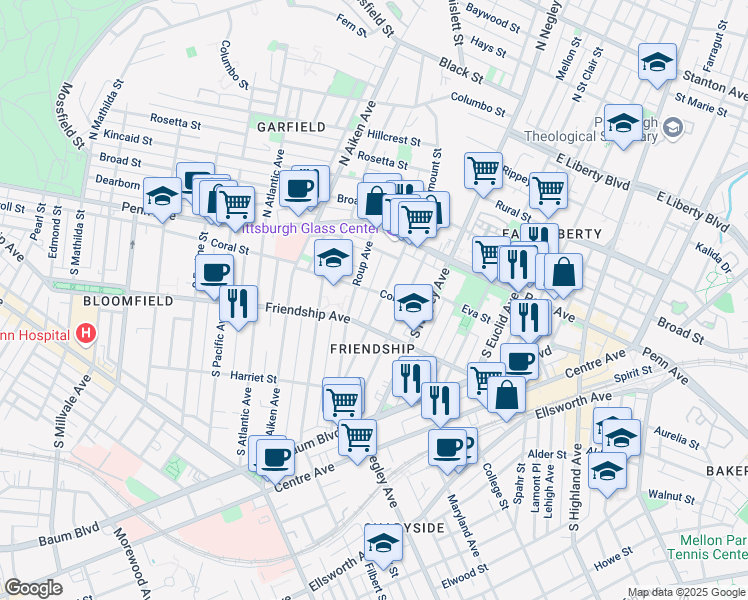 map of restaurants, bars, coffee shops, grocery stores, and more near 160 South Fairmount Street in Pittsburgh