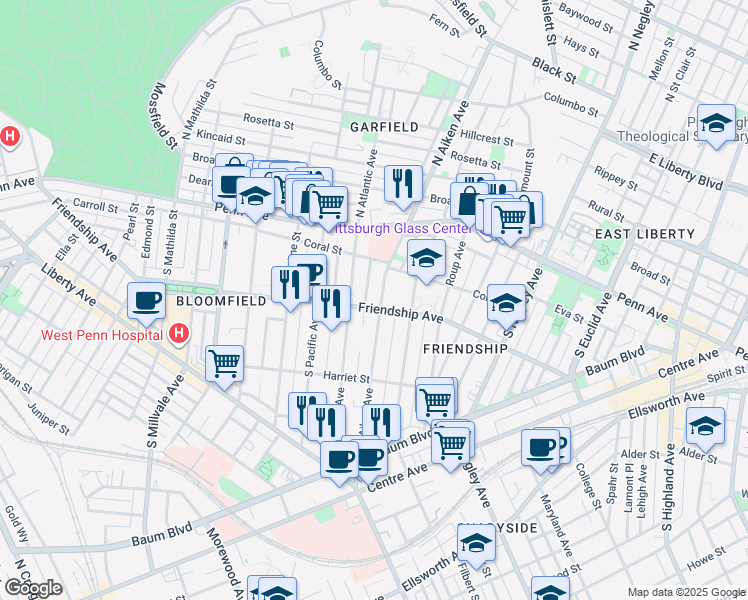 map of restaurants, bars, coffee shops, grocery stores, and more near 230 South Aiken Avenue in Pittsburgh