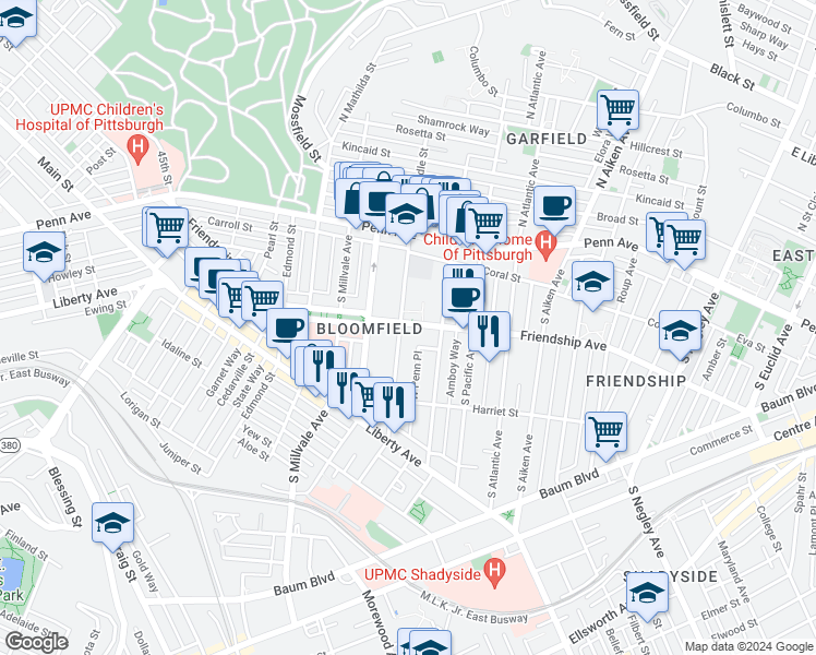 map of restaurants, bars, coffee shops, grocery stores, and more near 273 South Winebiddle Street in Pittsburgh