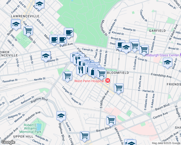 map of restaurants, bars, coffee shops, grocery stores, and more near 4623 Liberty Avenue in Pittsburgh
