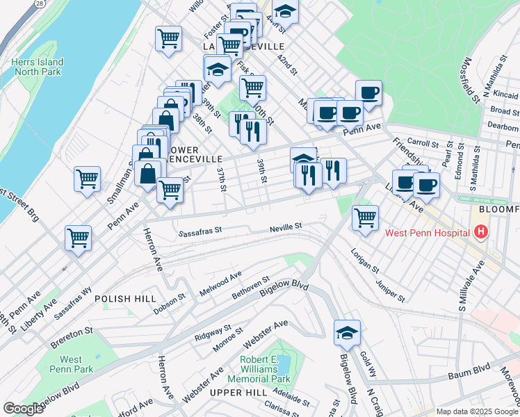 map of restaurants, bars, coffee shops, grocery stores, and more near 3809 Liberty Avenue in Pittsburgh