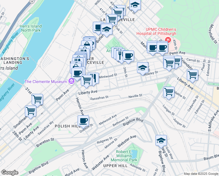 map of restaurants, bars, coffee shops, grocery stores, and more near 510 37th Street in Pittsburgh