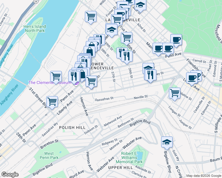 map of restaurants, bars, coffee shops, grocery stores, and more near 510 37th Street in Pittsburgh