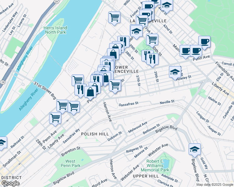 map of restaurants, bars, coffee shops, grocery stores, and more near 3500 Denny Street in Pittsburgh
