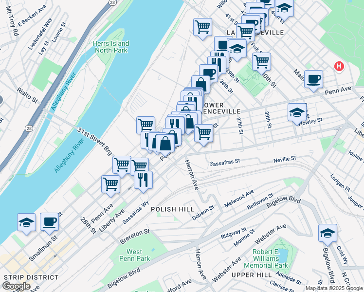 map of restaurants, bars, coffee shops, grocery stores, and more near 3338 Mulberry Street in Pittsburgh