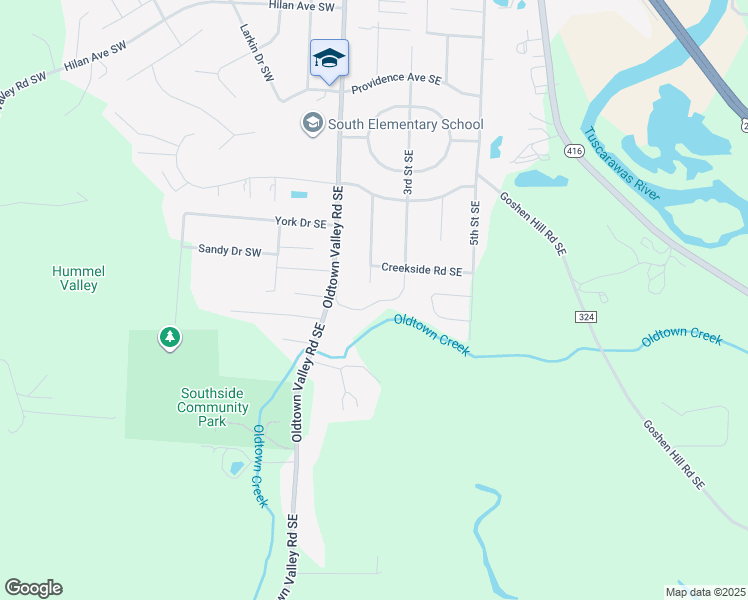 map of restaurants, bars, coffee shops, grocery stores, and more near 216 Creekside Road Southeast in New Philadelphia