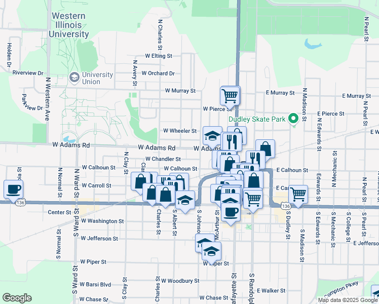 map of restaurants, bars, coffee shops, grocery stores, and more near 302 West Adams Road in Macomb
