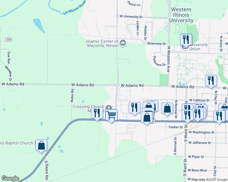 map of restaurants, bars, coffee shops, grocery stores, and more near 1613 West Adams Road in Macomb