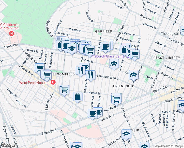 map of restaurants, bars, coffee shops, grocery stores, and more near 5213 Friendship Avenue in Pittsburgh