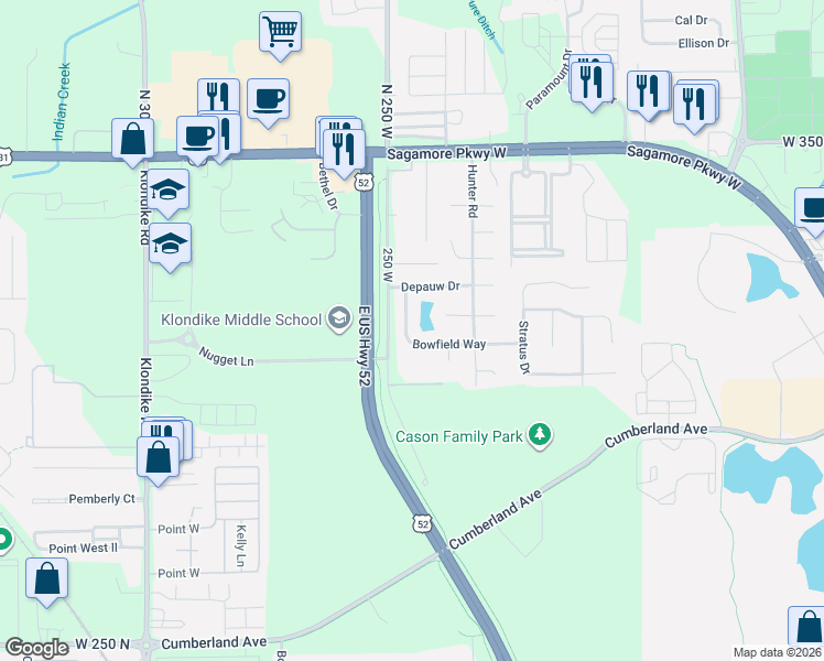 map of restaurants, bars, coffee shops, grocery stores, and more near 3206 Bowfield Way in West Lafayette