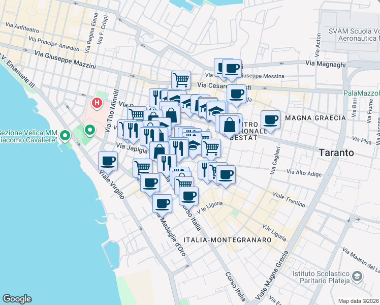 map of restaurants, bars, coffee shops, grocery stores, and more near in Provincia di Taranto