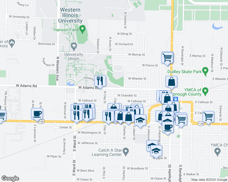 map of restaurants, bars, coffee shops, grocery stores, and more near 607 West Adams Street in Macomb
