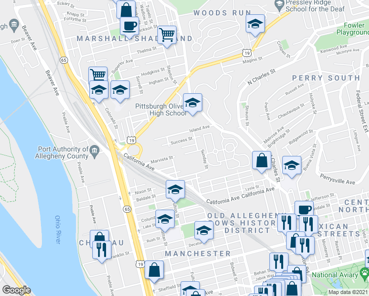 map of restaurants, bars, coffee shops, grocery stores, and more near 1211 Colfax Street in Pittsburgh