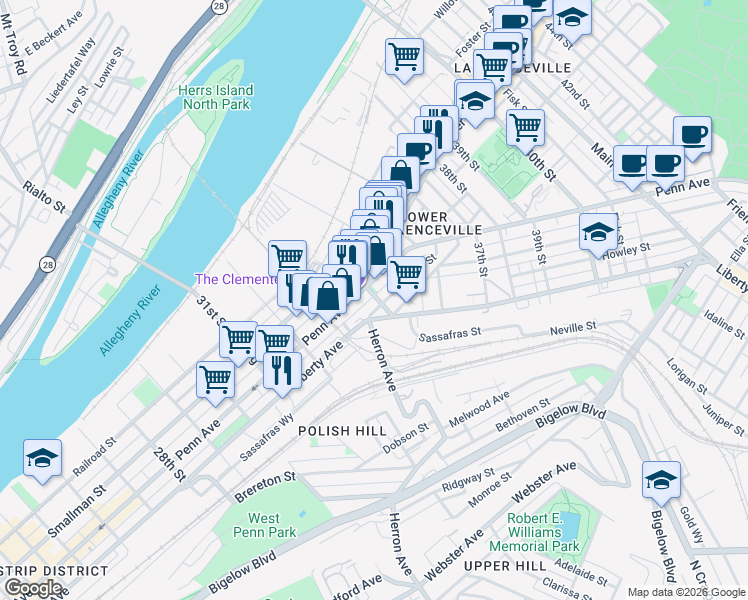 map of restaurants, bars, coffee shops, grocery stores, and more near 3352 Spring Way in Pittsburgh