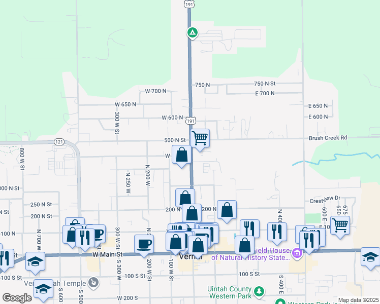 map of restaurants, bars, coffee shops, grocery stores, and more near 2 West 400 North in Vernal