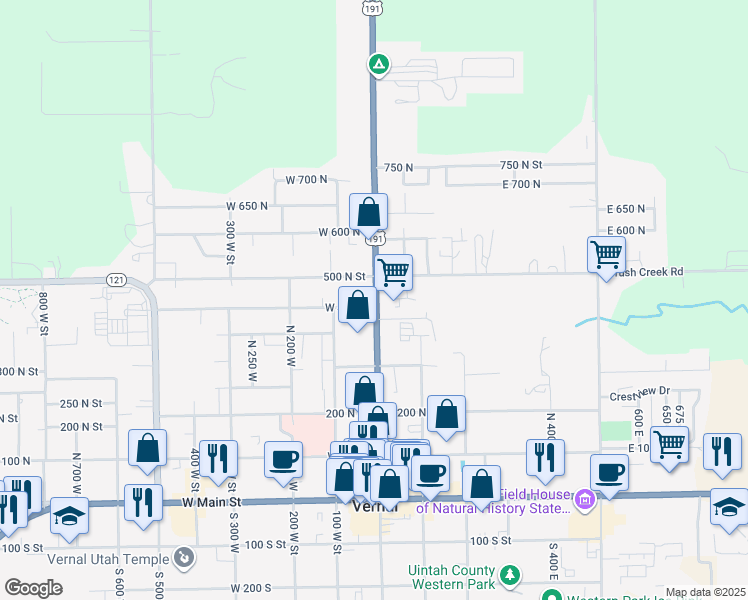 map of restaurants, bars, coffee shops, grocery stores, and more near 4 West 400 North in Vernal