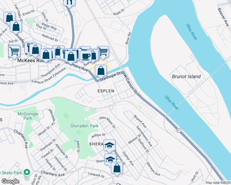 map of restaurants, bars, coffee shops, grocery stores, and more near 3332 Oregon Street in Pittsburgh