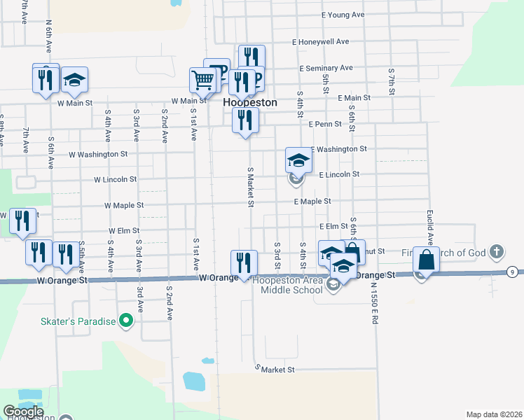 map of restaurants, bars, coffee shops, grocery stores, and more near 301-399 East Maple Street in Hoopeston