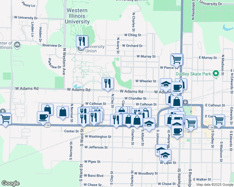 map of restaurants, bars, coffee shops, grocery stores, and more near 627 West Adams Street in Macomb