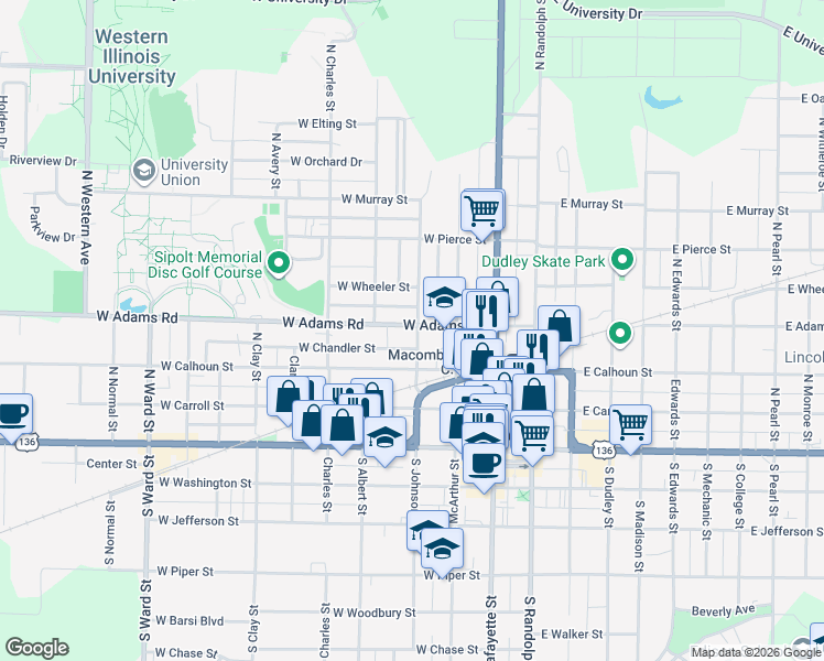 map of restaurants, bars, coffee shops, grocery stores, and more near 302 West Adams Road in Macomb