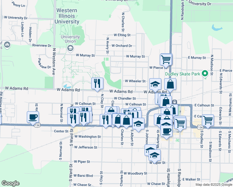 map of restaurants, bars, coffee shops, grocery stores, and more near 517 West Adams Street in Macomb