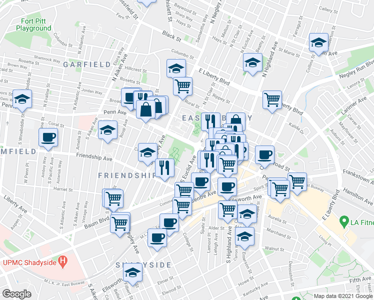 map of restaurants, bars, coffee shops, grocery stores, and more near 5704 Penn Avenue in Pittsburgh
