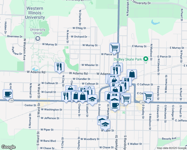 map of restaurants, bars, coffee shops, grocery stores, and more near 323 West Adams Road in Macomb