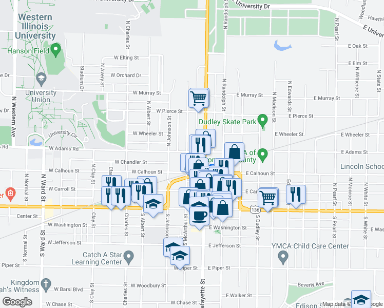 map of restaurants, bars, coffee shops, grocery stores, and more near 123 West Adams Street in Macomb