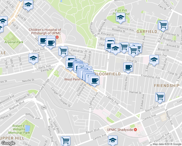 map of restaurants, bars, coffee shops, grocery stores, and more near 4746 Friendship Avenue in Pittsburgh