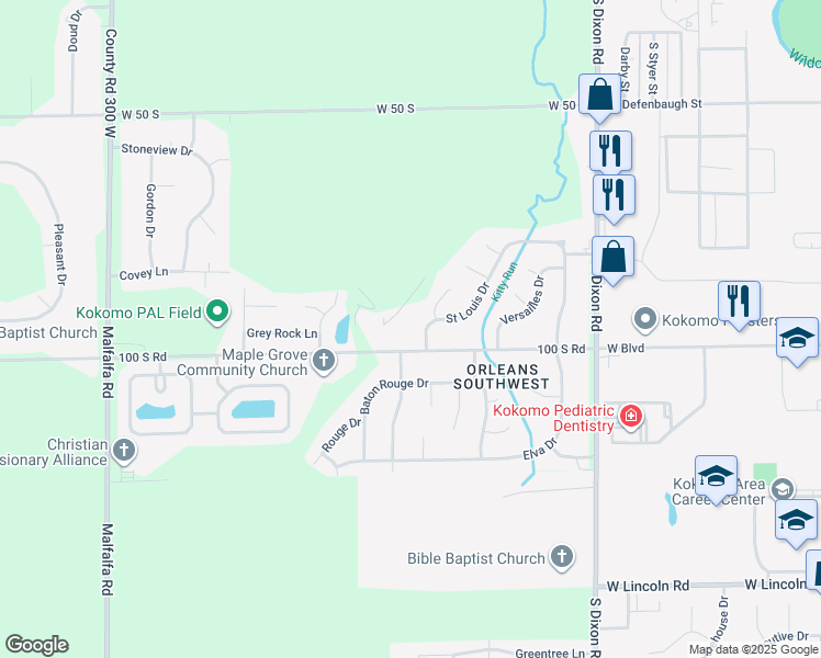 map of restaurants, bars, coffee shops, grocery stores, and more near 2019 Saint Louis Drive in Kokomo