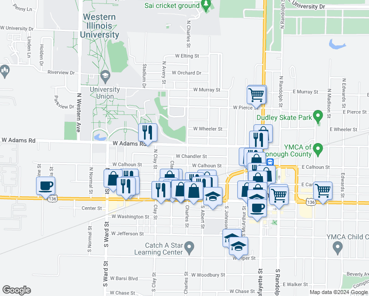 map of restaurants, bars, coffee shops, grocery stores, and more near 501 West Adams Street in Macomb