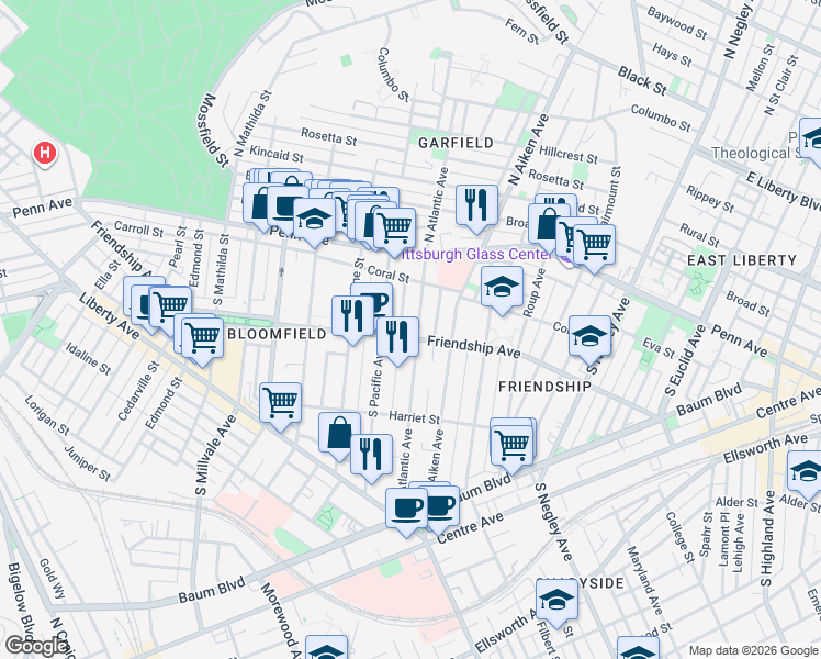 map of restaurants, bars, coffee shops, grocery stores, and more near 246 South Atlantic Avenue in Pittsburgh
