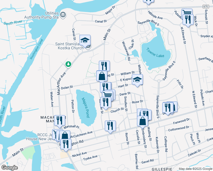 map of restaurants, bars, coffee shops, grocery stores, and more near in Sayreville