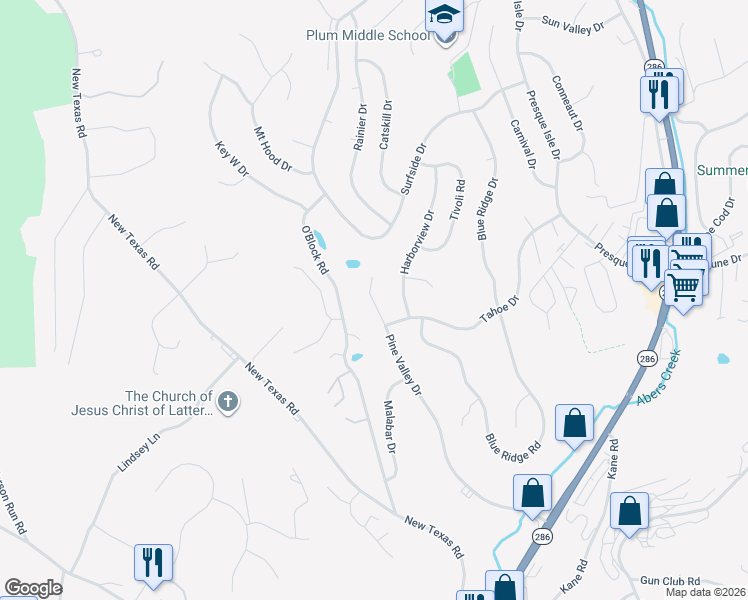 map of restaurants, bars, coffee shops, grocery stores, and more near 10 Pine Valley Court in Penn Hills