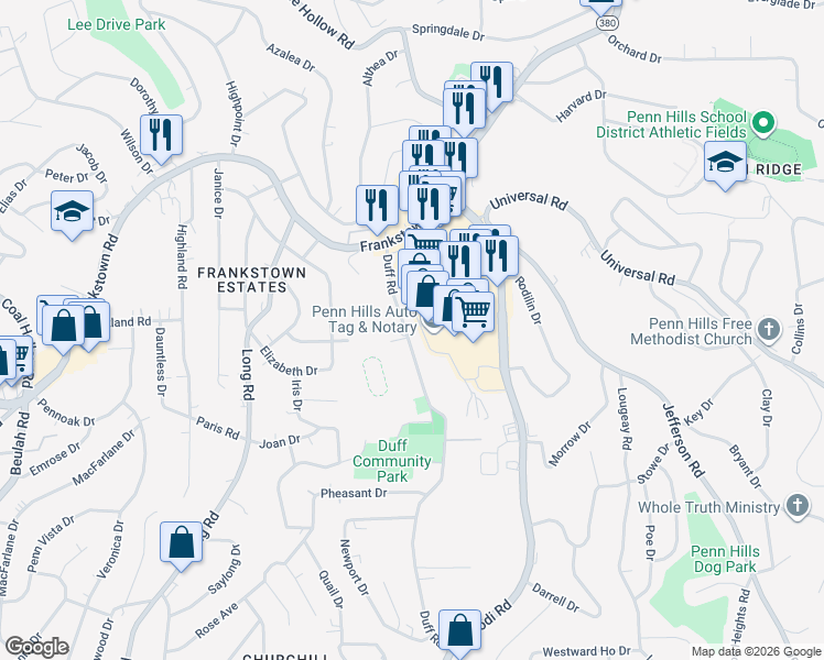 map of restaurants, bars, coffee shops, grocery stores, and more near 40 Federal Drive in Penn Hills