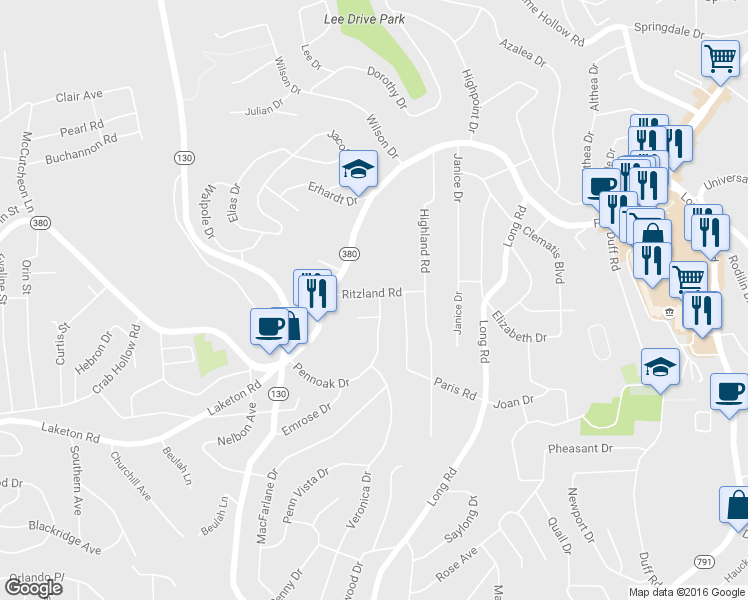 map of restaurants, bars, coffee shops, grocery stores, and more near 134 Ritzland Road in Pittsburgh