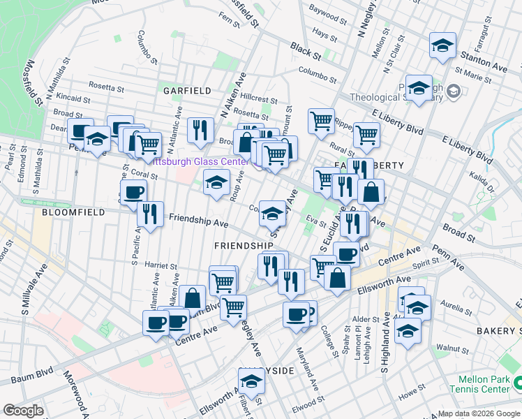 map of restaurants, bars, coffee shops, grocery stores, and more near 160 South Fairmount Street in Pittsburgh