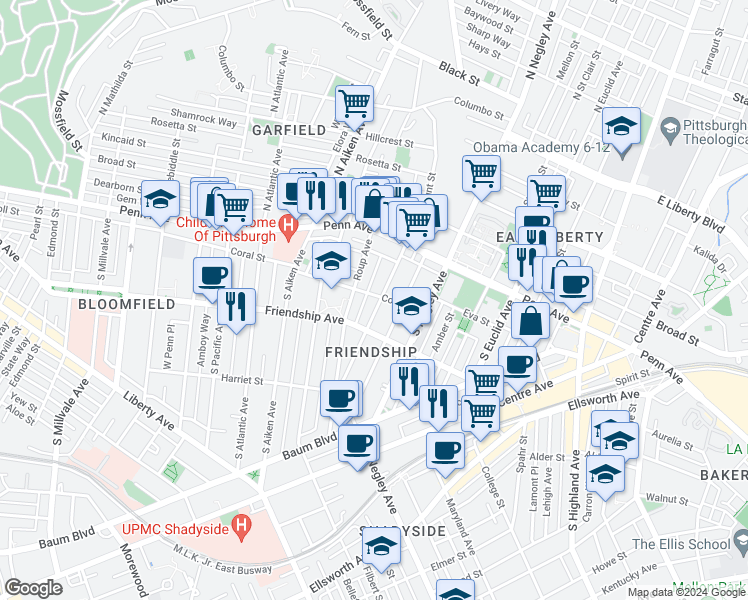 map of restaurants, bars, coffee shops, grocery stores, and more near 160 South Fairmount Street in Pittsburgh