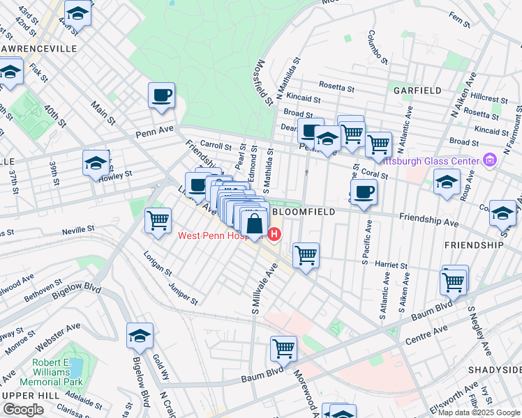 map of restaurants, bars, coffee shops, grocery stores, and more near 4746 Friendship Avenue in Pittsburgh