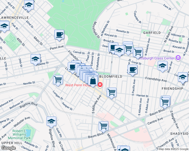 map of restaurants, bars, coffee shops, grocery stores, and more near 4746 Friendship Avenue in Pittsburgh
