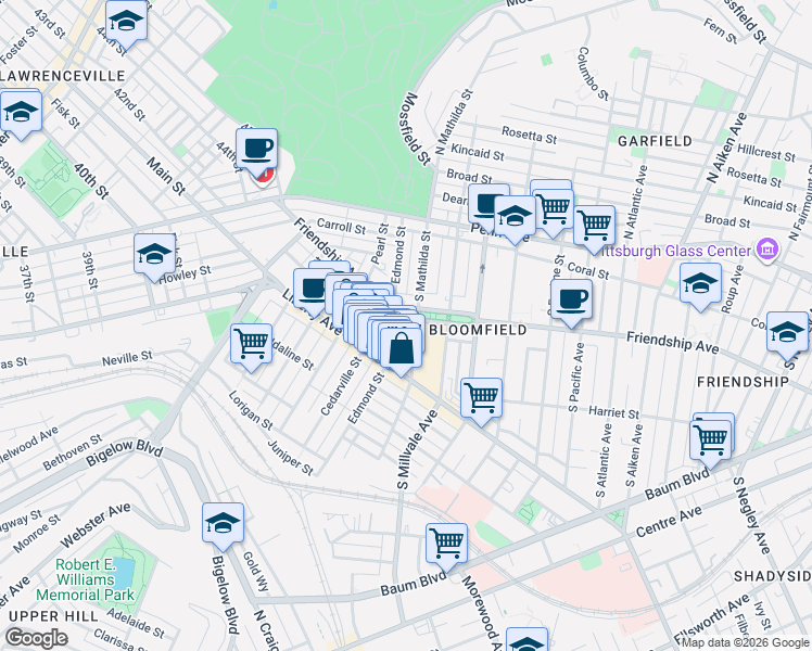 map of restaurants, bars, coffee shops, grocery stores, and more near 4746 Friendship Avenue in Pittsburgh