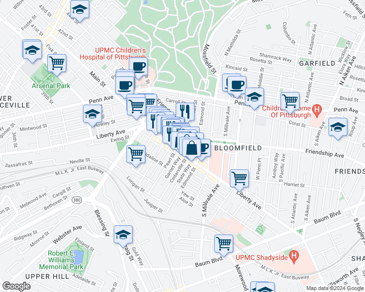 map of restaurants, bars, coffee shops, grocery stores, and more near 4623 Liberty Avenue in Pittsburgh
