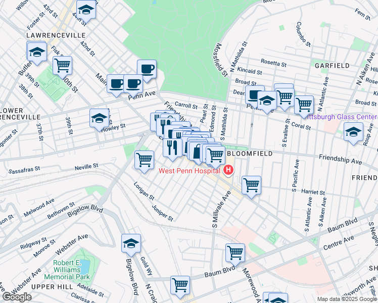 map of restaurants, bars, coffee shops, grocery stores, and more near 4623 Liberty Avenue in Pittsburgh