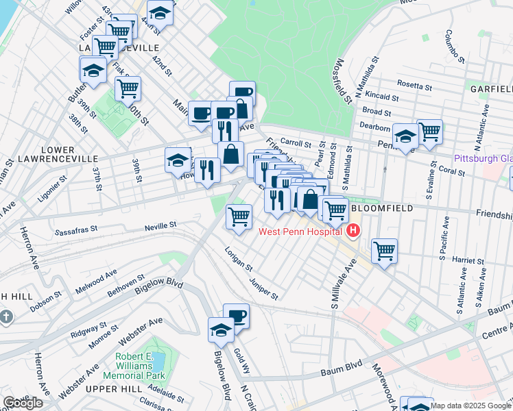 map of restaurants, bars, coffee shops, grocery stores, and more near 333 Darsie Street in Pittsburgh